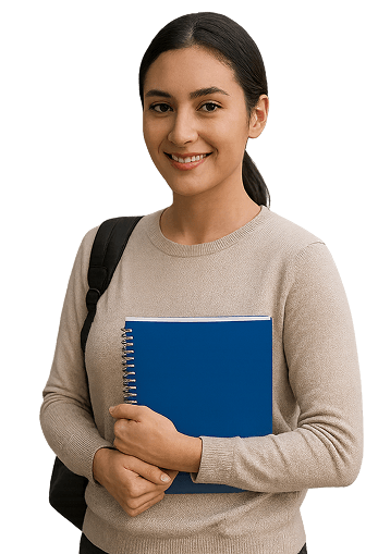 Student holding a blue notebook, smiling