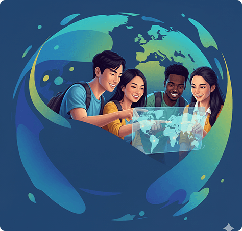 Students around a glowing globe, representing personalized global education