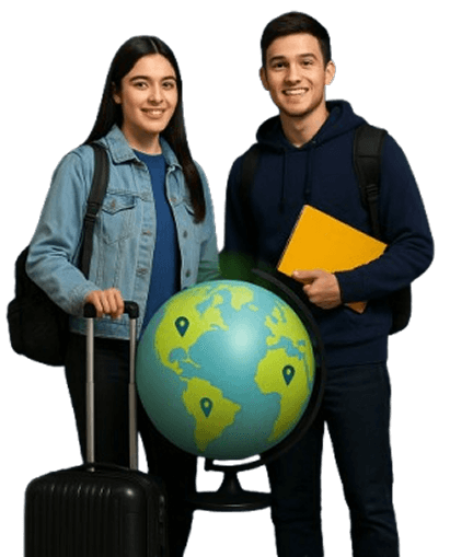 Students with globe and suitcase